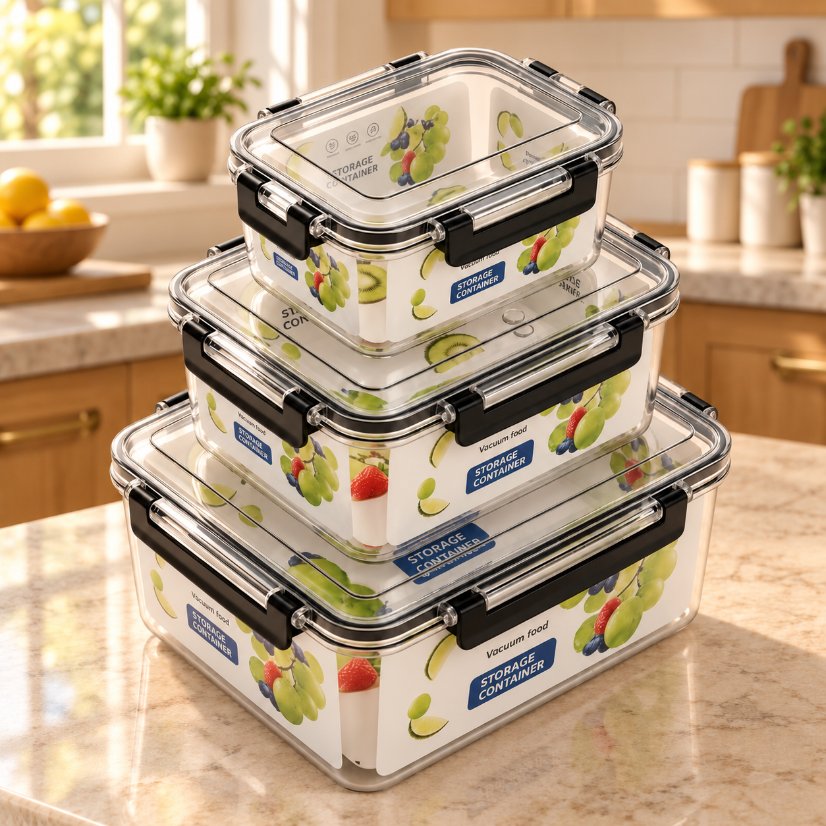 3-Piece Food Container Set 3-Piece Clear Rectangular Food Storage Containers, Black Airtight Latches, Stackable