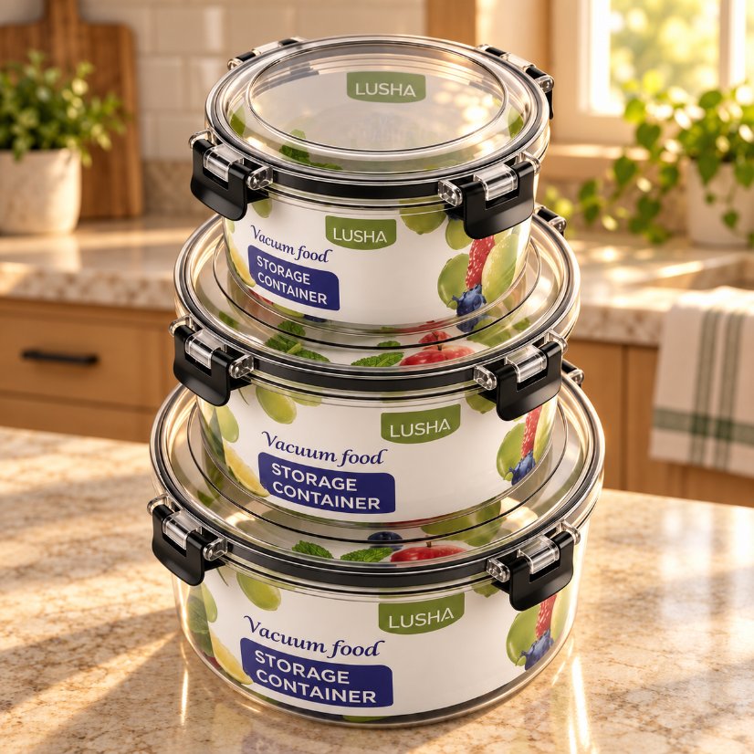 3-Piece Food Container Set Round Vacuum Food Storage Containers, 3-Piece Airtight Clear Canisters