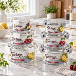3-Piece Food Container Set Round Airtight Food Storage Containers, 3-Piece Stackable Kitchen Set (White / Gray Latches)