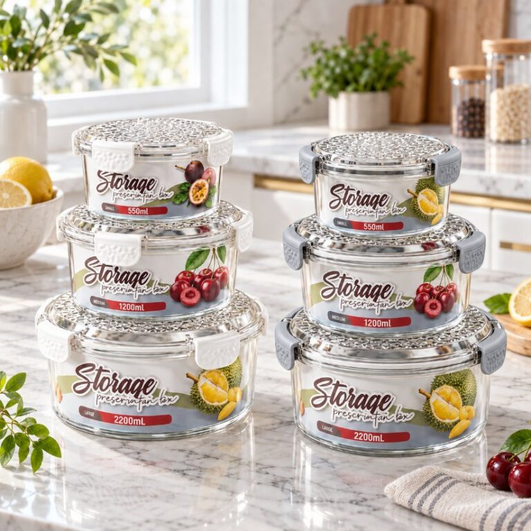 3-Piece Food Container Set Round Airtight Food Storage Containers, 3-Piece Stackable Kitchen Set (White / Gray Latches)
