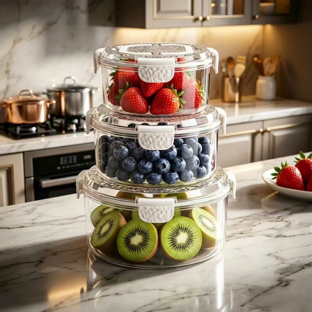3-Piece Food Container Set Round Fruit Storage Containers, 3-Piece Clear Produce Keeper with Textured Lid