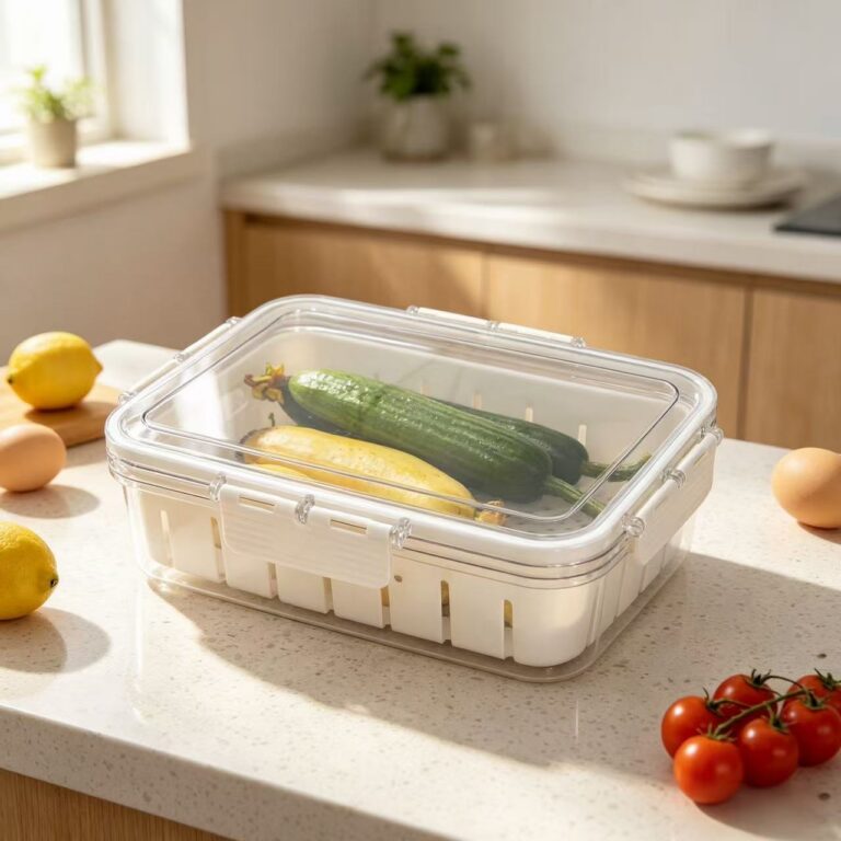 Refrigerator Organization Airtight Produce Keeper with Drain Basket, Single Compartment Vegetable Storage Container
