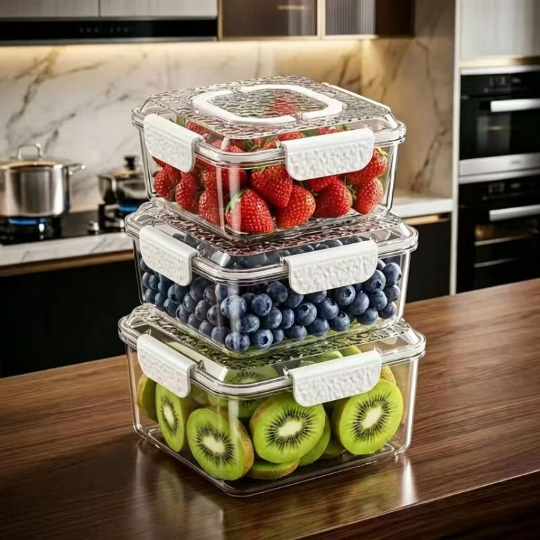 3-Piece Food Container Set Clear Fruit Storage Containers for Fridge, 3-Piece Stackable Produce Saver