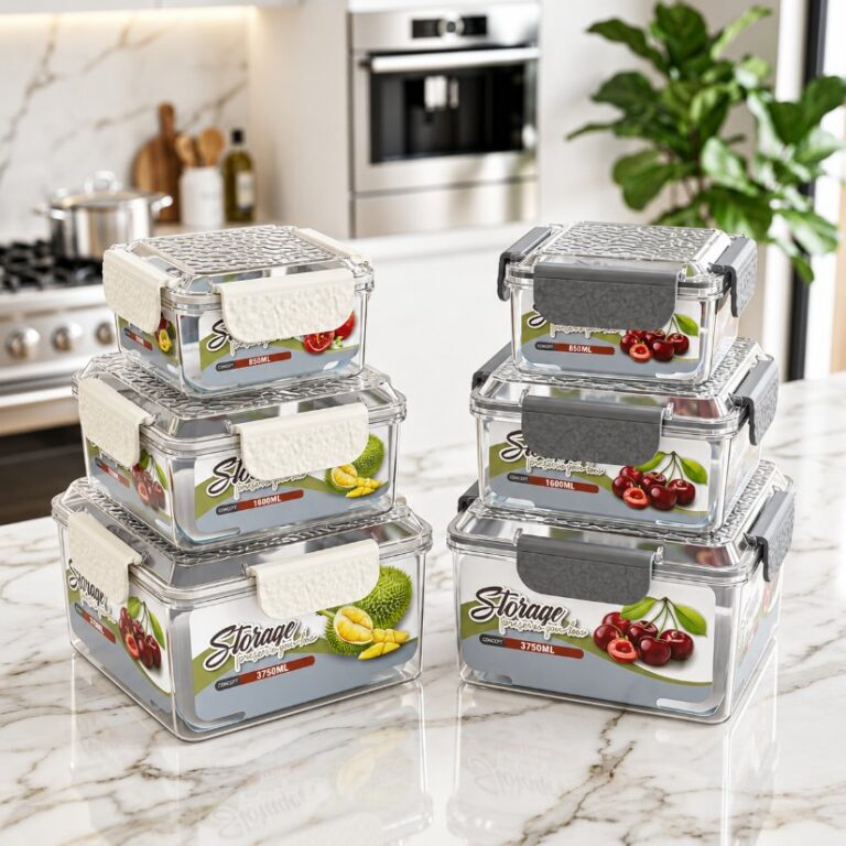 3-Piece Food Container Set Rectangular Airtight Food Storage Containers, 3-Piece Stackable Meal Prep Set (White / Gray Lids)