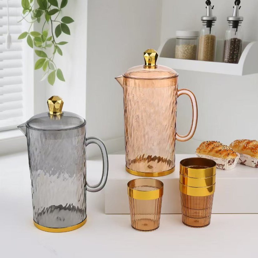 Kettle Hammered Glass Water Pitcher Set, Smoky Gray & Amber Gold Thermal Jug with Cups