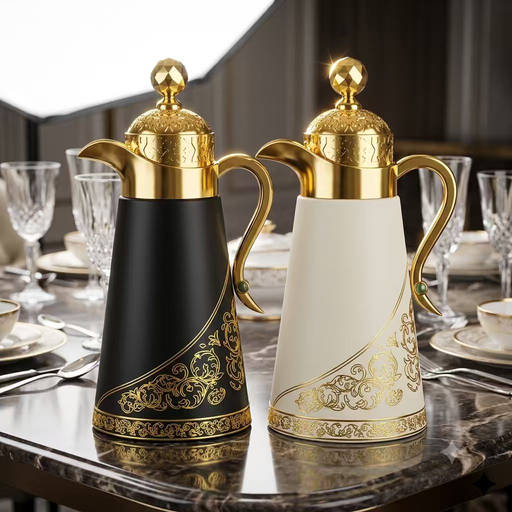 Kettle Arabian Style Vacuum Flask, Gold Ornate Thermal Carafe with Diamond Knob