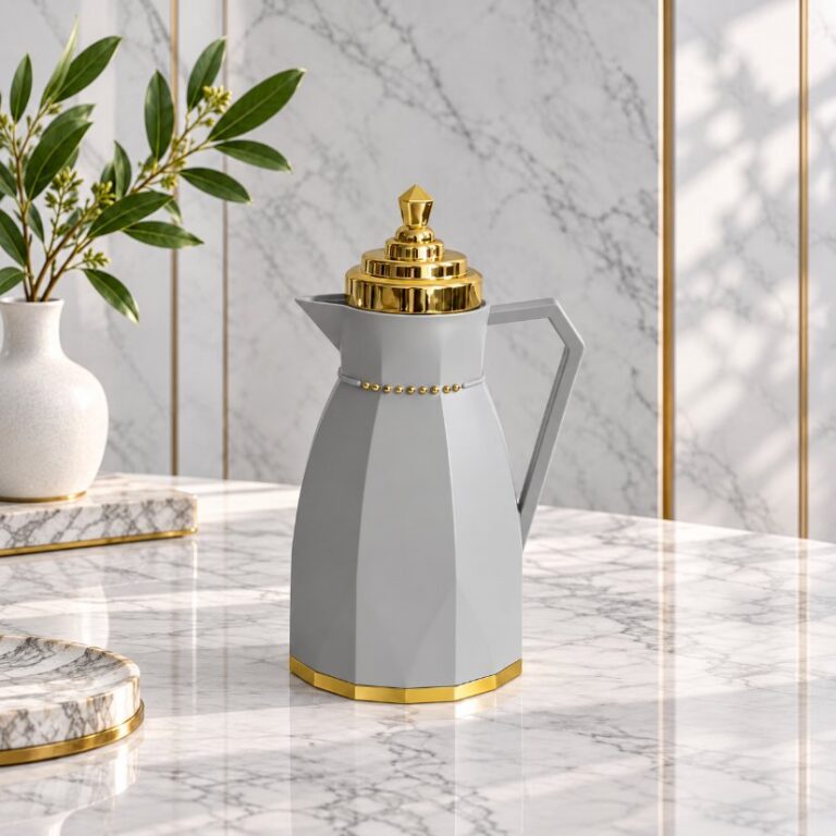 Kettle Geometric Faceted Vacuum Flask with Gold Tiered Lid, Thermal Carafe