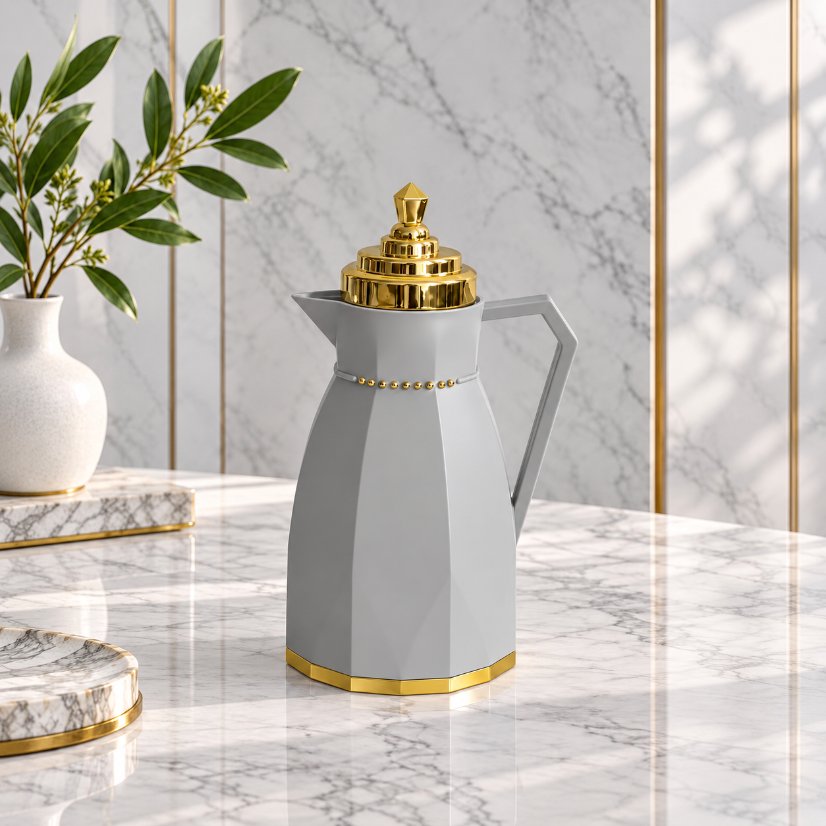 Kettle Geometric Faceted Vacuum Flask with Gold Tiered Lid, Thermal Carafe